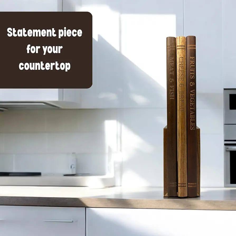 طقم ألواح تقطيع خشبية (3 قطع) مع حامل بتصميم "كتب"